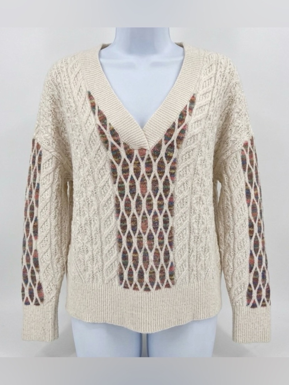 Devoted Cream V-Neck Cable Knit Sweater Multicolour Lattice Women’s Medium